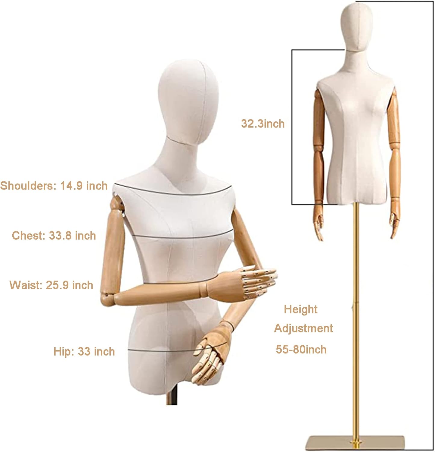 Vestido de maniquí femenino con forma de torso, cuerpo de maniquí de exhibición con cabeza desmontable, manos de madera y soporte dorado de altura