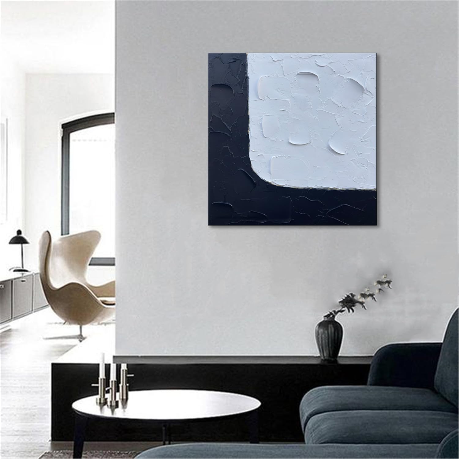 zoinart Lienzo pintado a mano en blanco y negro, arte de pared de 24 x 24 pulgadas, pinturas abstractas texturizadas, minimalista, contemporáneo,