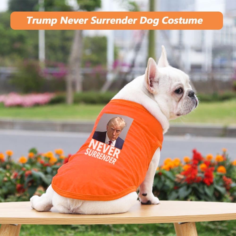 Trump Never Surrender – Disfraz de perro con peluca, linda camisa de Halloween para mascotas, chaleco de fotos de la prisión de Trump, para