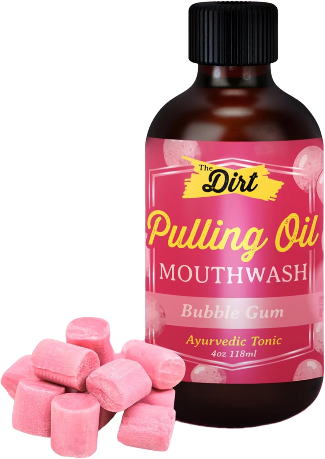 THE DIRT Enjuague bucal Oil Pulling – Sin gluten – Elimina la placa, el sarro, el mal aliento y blanquea los dientes (chicle, 4 onzas)