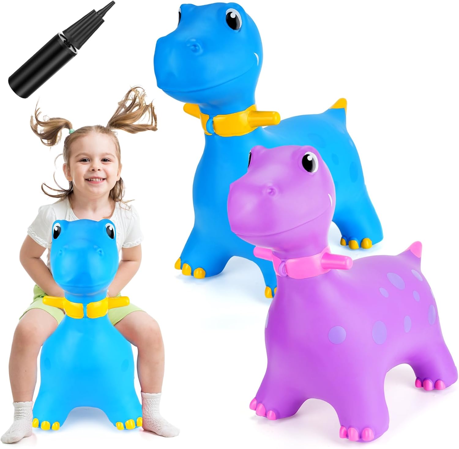 2 piezas de dinosaurios inflables de dinosaurio saltando con bomba de dinosaurio para montar en saltar juguetes para niños de 6 años o más, 2 colores