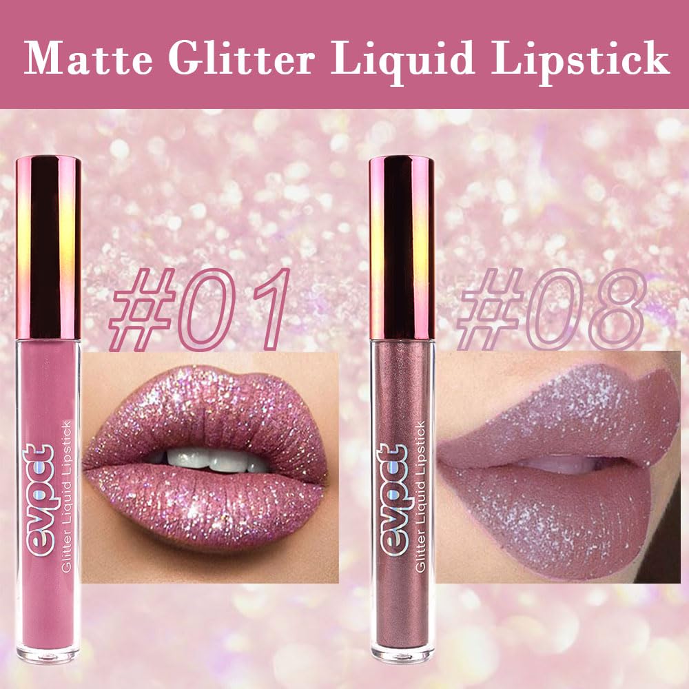 evpct Juego de 2 lápices labiales líquidos de larga duración color malva y gris pardo, morado mate a purpurina, para mujer, con diamantes,