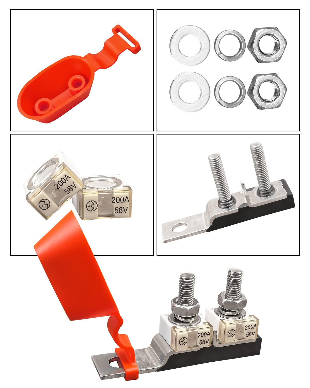 Kit de bloque de fusibles de terminal con pernos dobles 516 pulgadas (M8) Fusible de batería para barco RV coche, 200A 58V DC