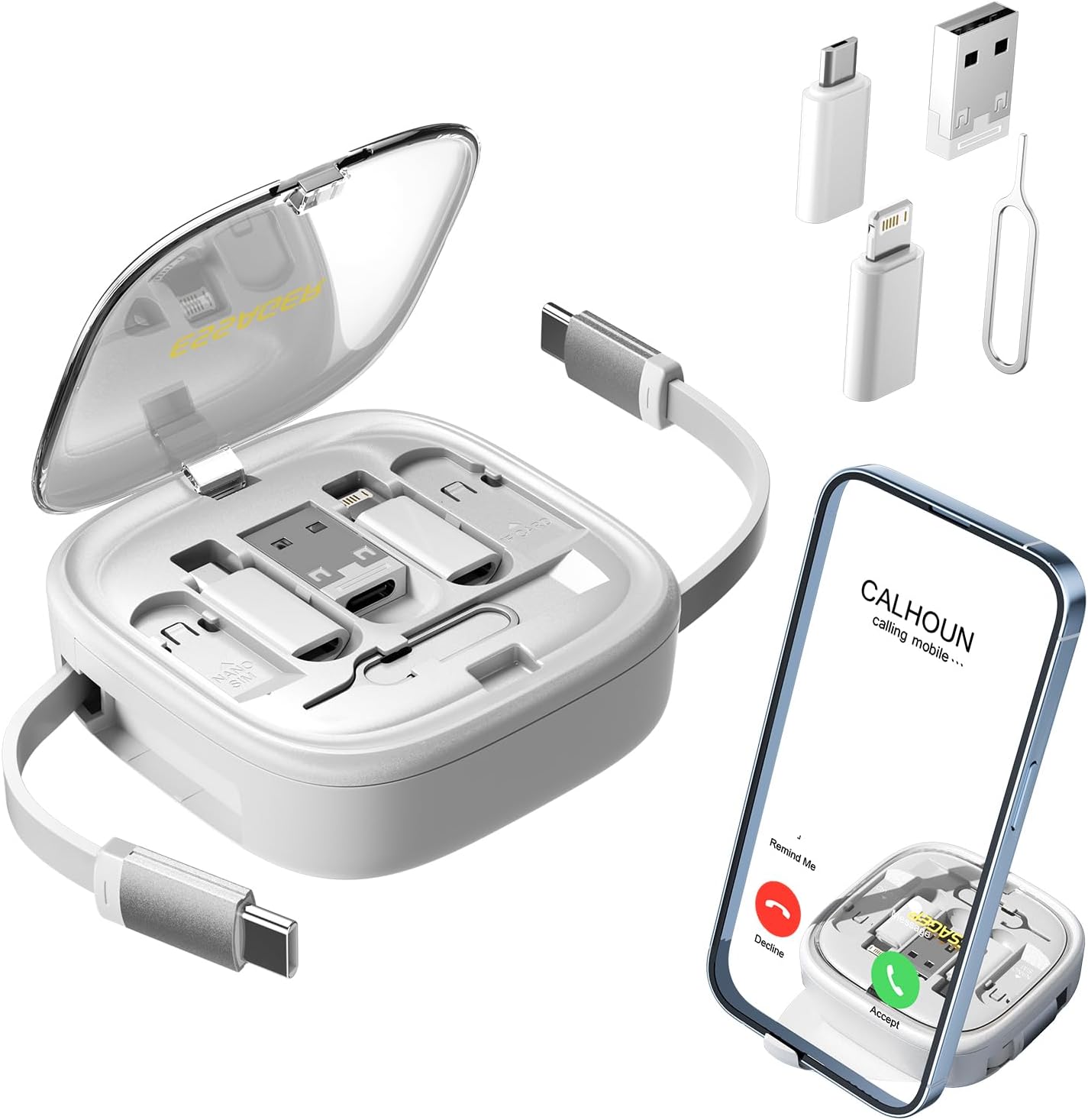 ESSAGER Kit de cables de carga retráctiles con adaptador USB C a iluminación, USB-A y tipo C a tipo CMicroiluminación, transferencia de datos, caja