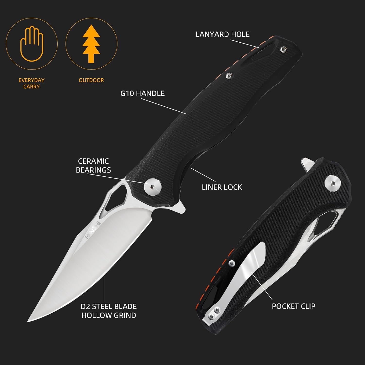 HANSHI Cuchillo de bolsillo plegable y afilado de hoja de acero D2 G10 de alta calidad con clip para hombres, cuchillo táctico de afeitar para