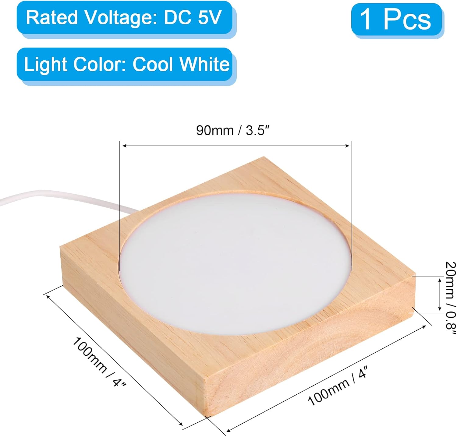 PATIKIL Base de luz LED de madera de 4 pulgadas, base de exhibición de luz de madera con interruptor para arte de resina de cristal 3D, blanco frío,