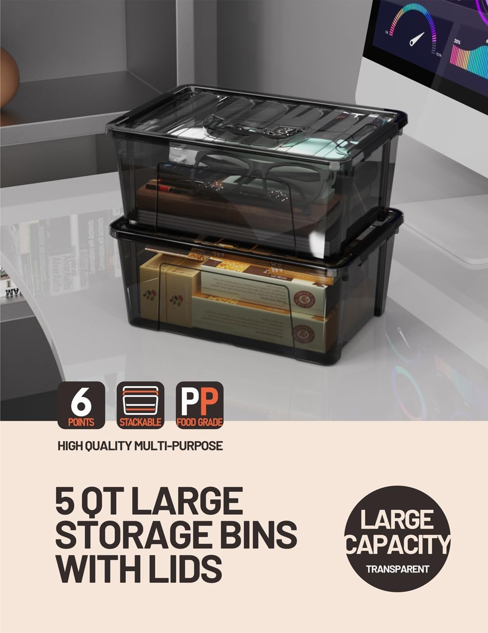 WYT Contenedor pequeño de plástico de 5 cuartos de galón con tapas seguras y hebillas de pestillo, organizador apilable duradero negro transparente,