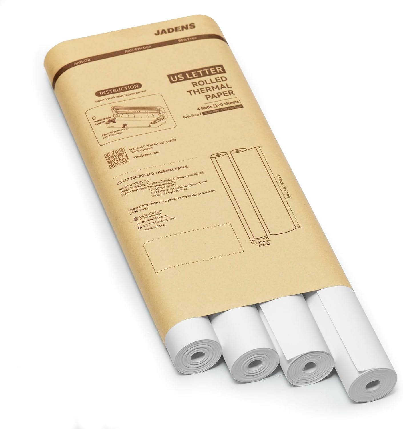 JADENS Papel de impresora térmica de secado rápido tamaño carta de 8.5 x 11 pulgadas, 4 rollos, papel térmico multiusos para impresora térmica