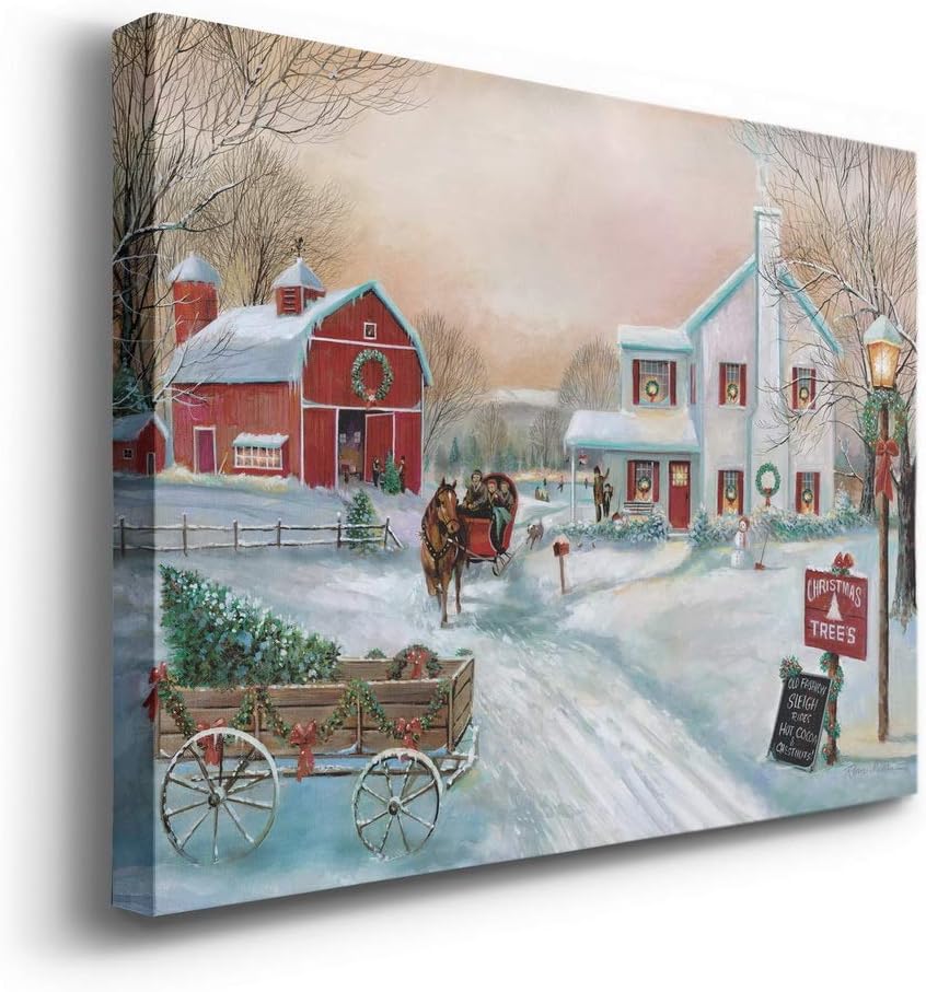 Renditions Gallery Arte de pared de granja de árbol de Navidad, escena de invierno campestre con granero rojo, decoraciones encantadoras, decoración