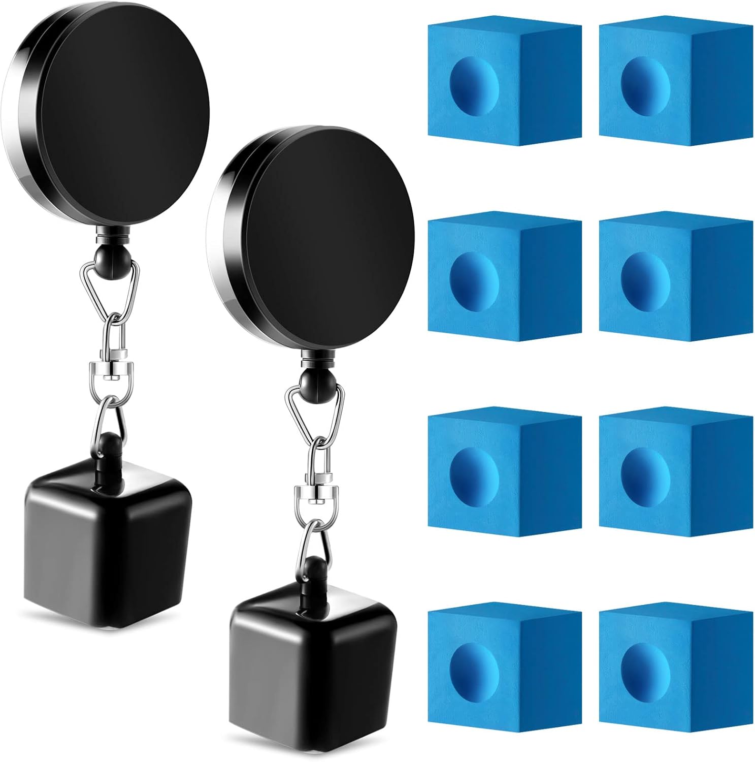 Wettarn Juego de 2 cubos de tiza para billar y 8 cubos de tiza de billar, clip retráctil para cinturón de dibujo, soporte para tiza de piscina, taco