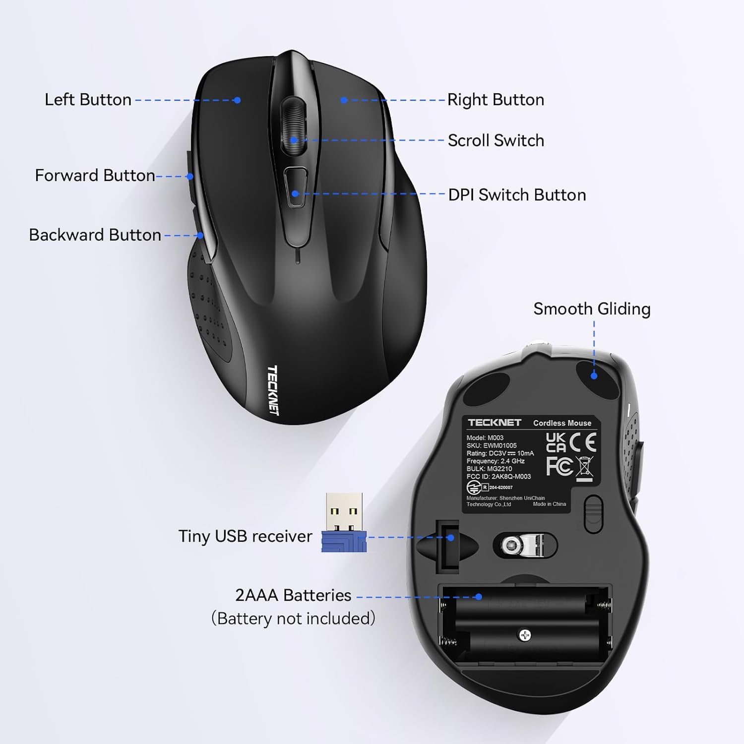 TECKNET Ratón silencioso inalámbrico, clic silencioso, mouse inalámbrico óptico de 2.4G, 6 4000 DPI ajustables, mouse de computadora para laptop,