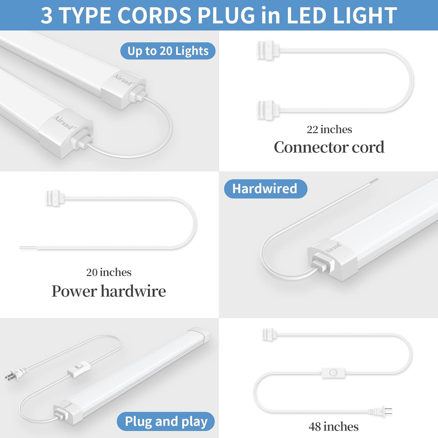 Airand Lámpara enchufable de 5000 K, 1.47 pies, tubo de luz LED enlazable, luces LED de gabinete con interruptor de NOapagado, luz LED de armario