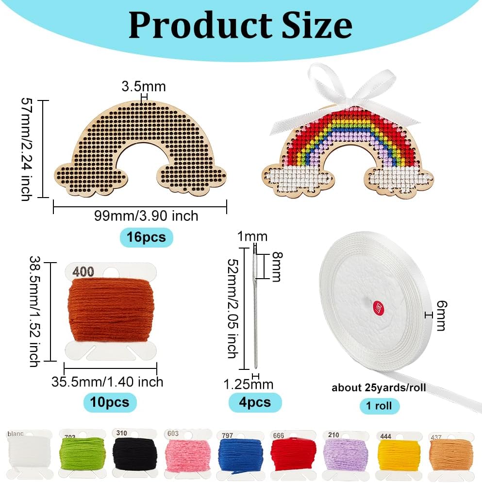 OLYCRAFT Kit de 31 piezas de punto de cruz, kit de bordado de punto de cruz, arco iris de madera, juego de espacios en blanco de punto de cruz,