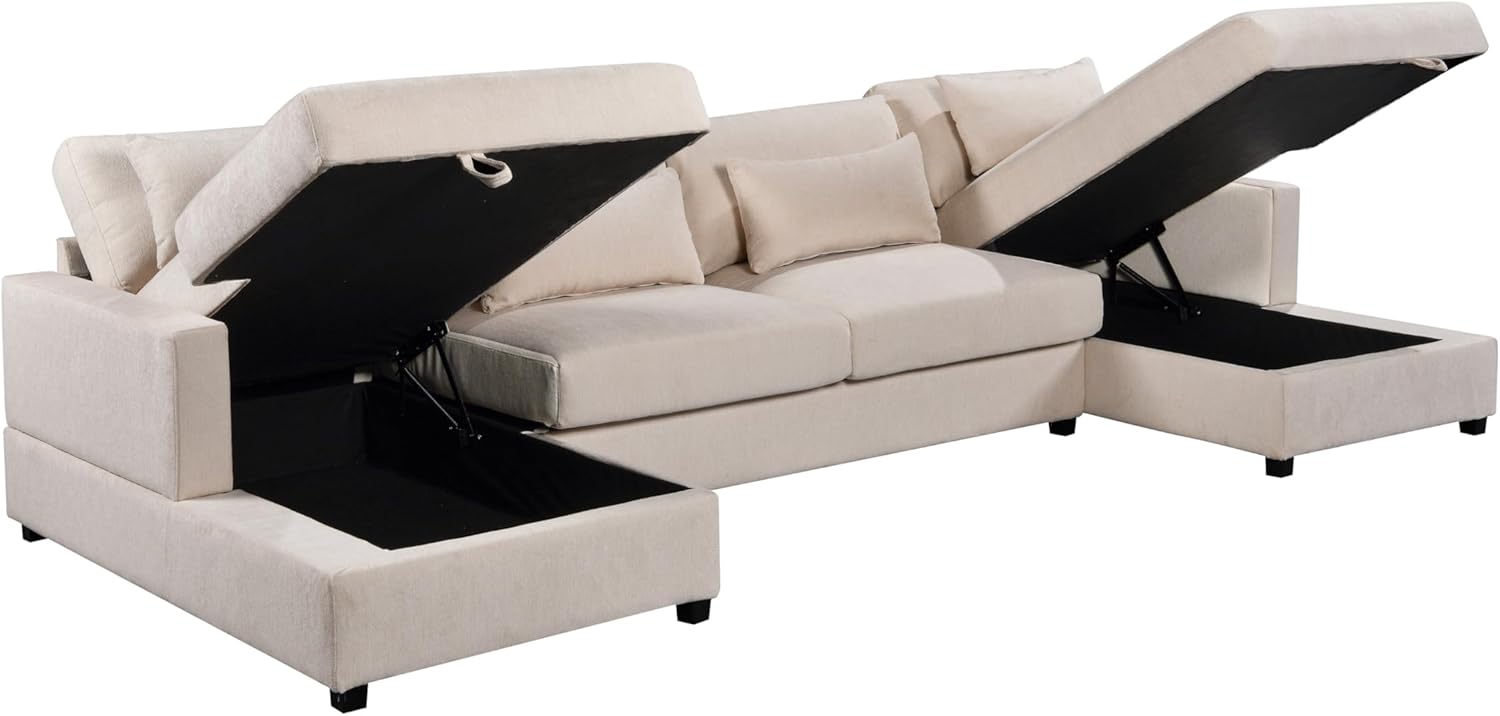 Sofá modular grande en forma de U de 128 pulgadas con 4 almohadas de soporte lumbar y 2 diván grande de almacenamiento, sofá simétrico tapizado de 6