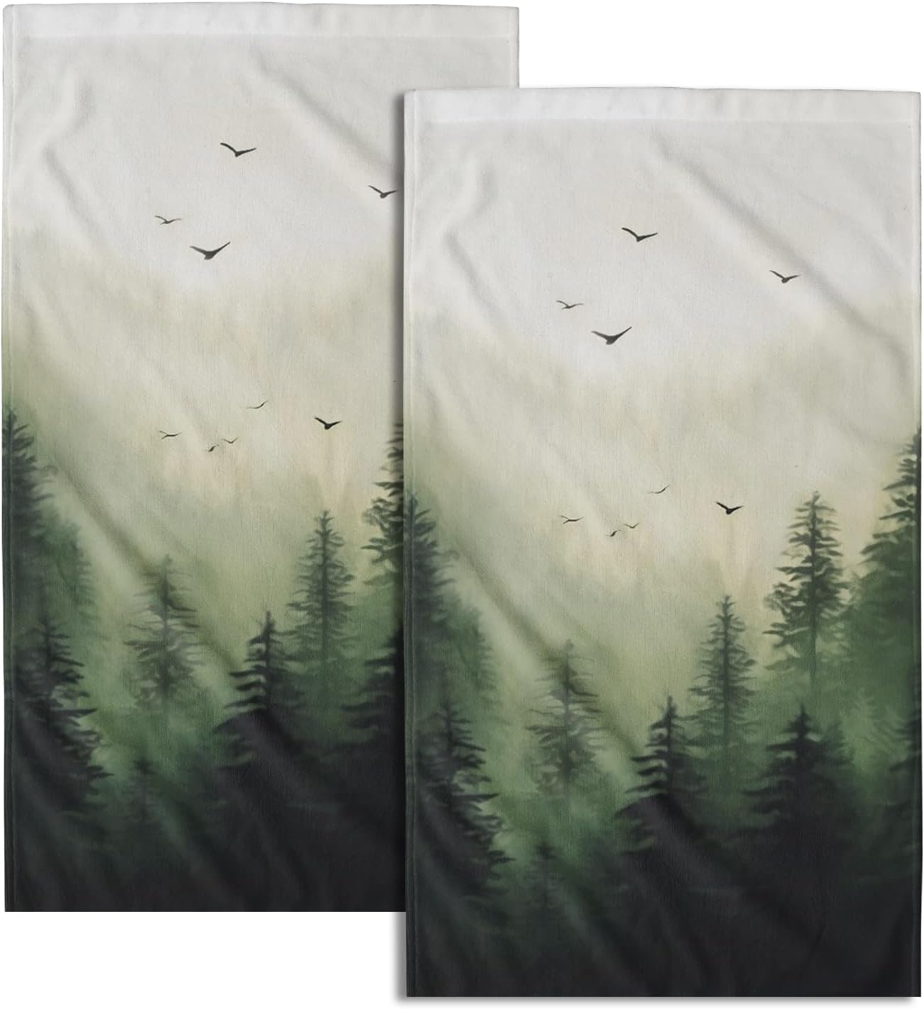 Green Misty Forest – Juego de 2 toallas de mano suaves para cara de invitados, decoración de baño, toallas finas para cocina y platos de té