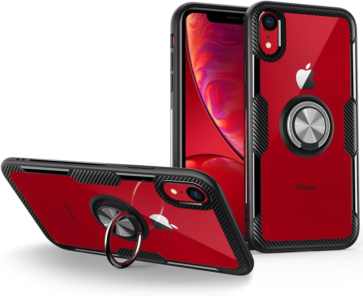 Funda con anillo para iPhone XR, diseño de fibra de carbono de cristal transparente, antiarañazos, con soporte de anillo de rotación de 360 grados