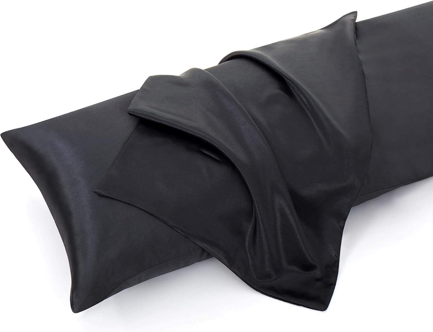 Entisn Juego de sábanas de 4 piezas color negro individual XL con funda de almohada corporal, juego de sábanas de satén sedoso, juego de ropa de