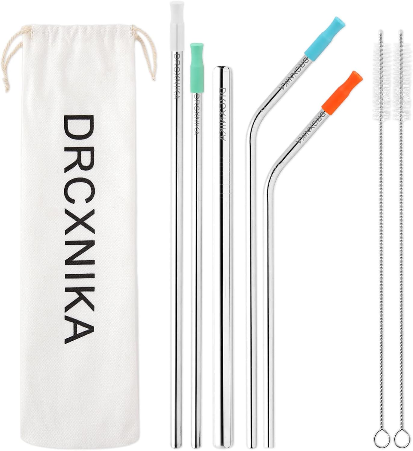 Paquete de 5 pajitas de metal de acero inoxidable reutilizables para cóctel con punta de silicona, popotes reutilizables para batidos, aptos para