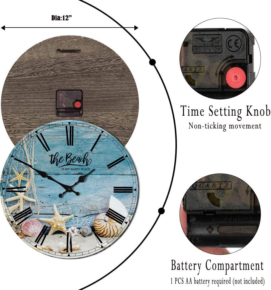 Divertida decoración de baño de playa, reloj de pared silencioso que no hace tictac, conchas marinas, decoración de baño, arte de pared  The Beach