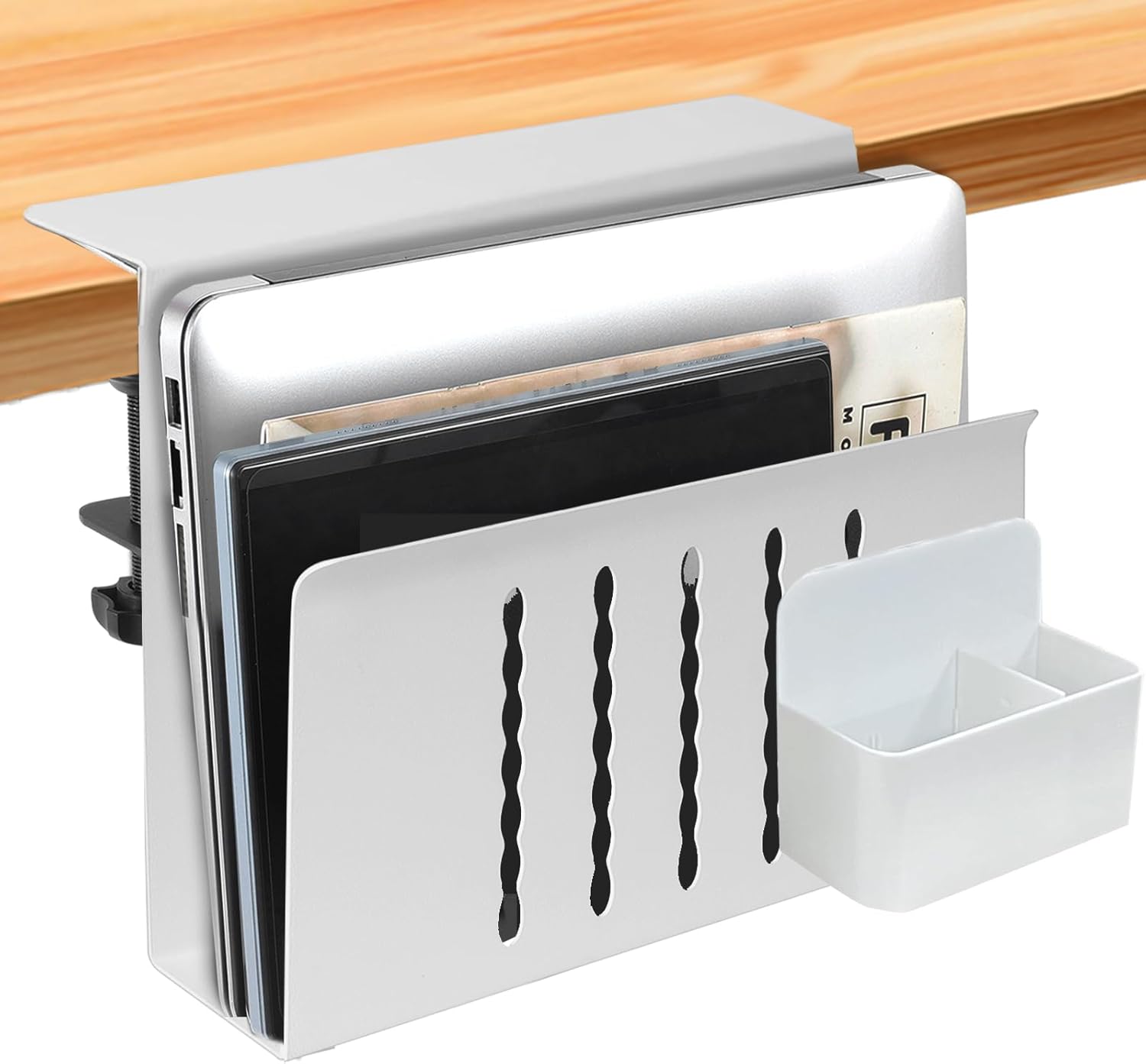 Almacenamiento lateral de escritorio, soporte vertical para laptop debajo del escritorio, organizador de escritorio colgante sin taladros, bandeja
