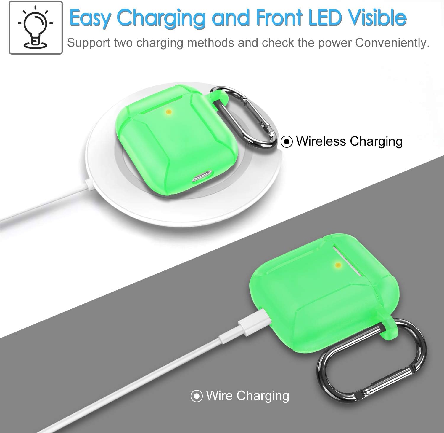 Fintie Funda para AirPods 2 y 1, funda protectora de silicona de alta calidad a prueba de golpes con llavero LED frontal visible compatible con