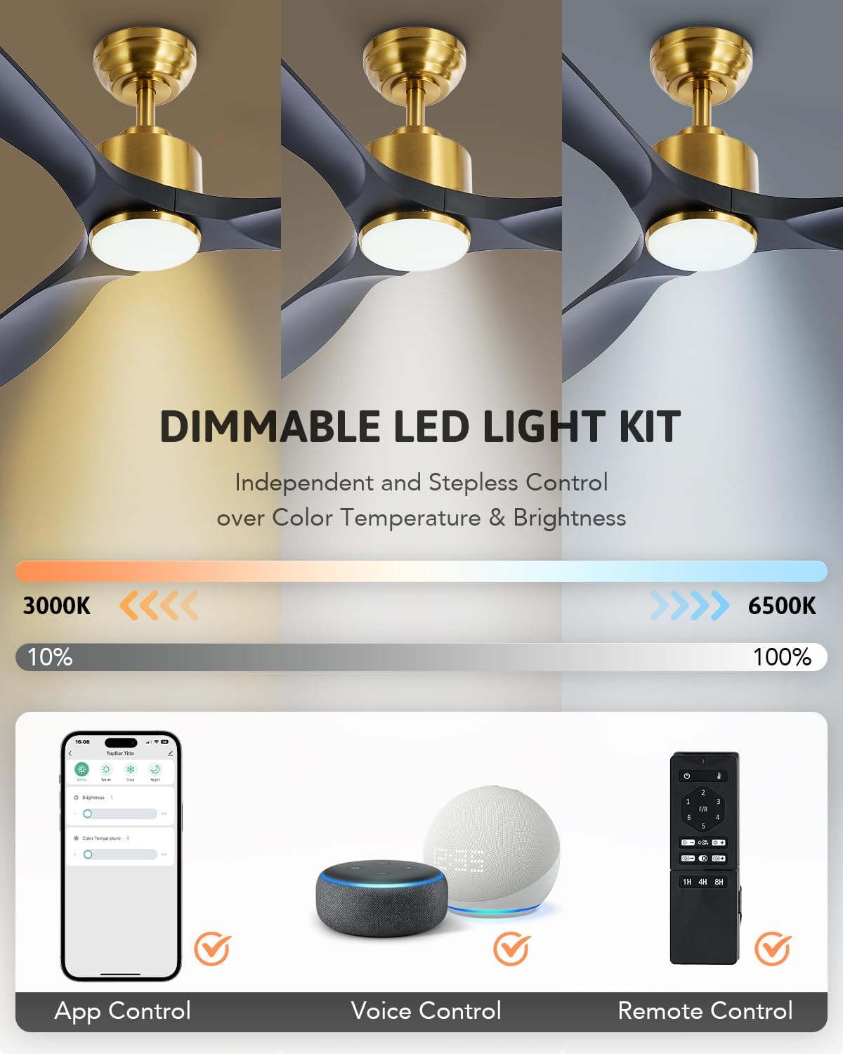VONLUCE Ventiladores de techo con luces, ventilador de techo inteligente de 52 pulgadas con control remoto, aplicaciónAlexa, motor reversible de 6