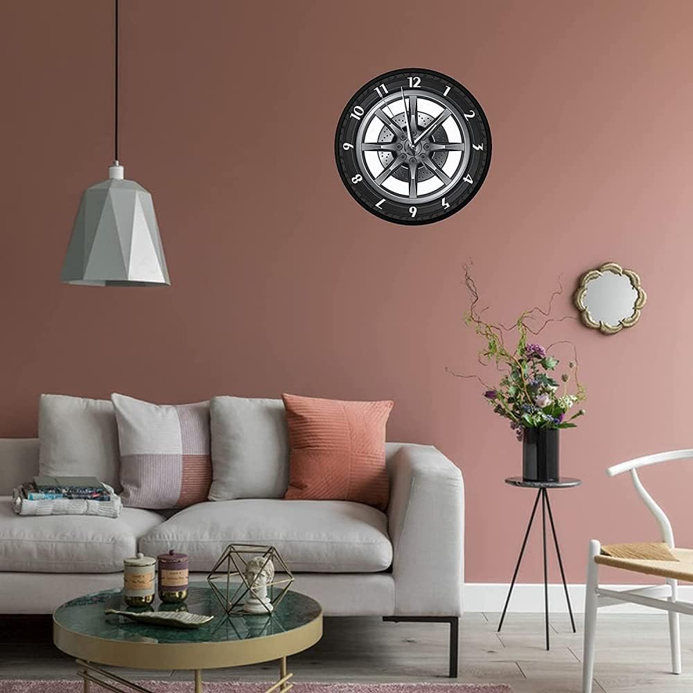 Reloj de pared de metal con forma de neumático de automóvil, diseño moderno, silencioso, sin tictac, funciona con pilas, para sala de estar y