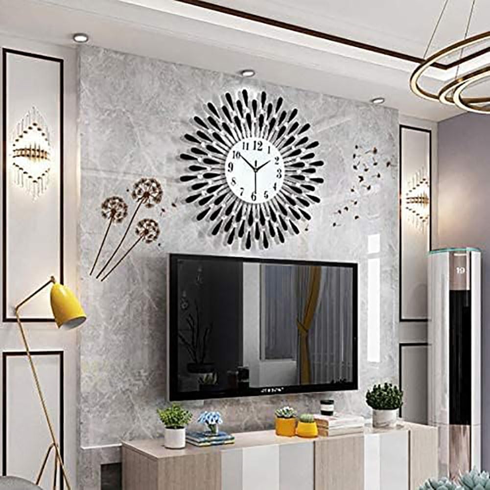 HAODING Reloj de pared con diamantes de cristal, reloj de pared moderno, reloj de pared de flores, reloj de metal silencioso, decoración de arte de