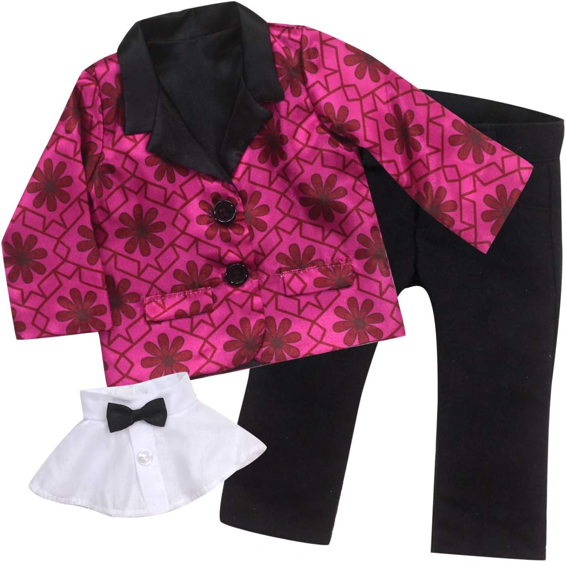 Sophia’s – Muñeca de 18″ – Blazer de satén con estampado magenta, Dickie blanco con pajarita y pantalones de vestir negros