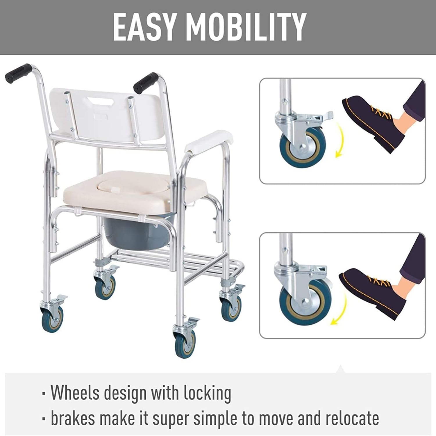 Silla cómoda con ruedas, silla de ruedas, silla de transporte, taburete de baño de 4 ruedas, frenos de 4 ruedasinodoro móvil con pedal plegable para