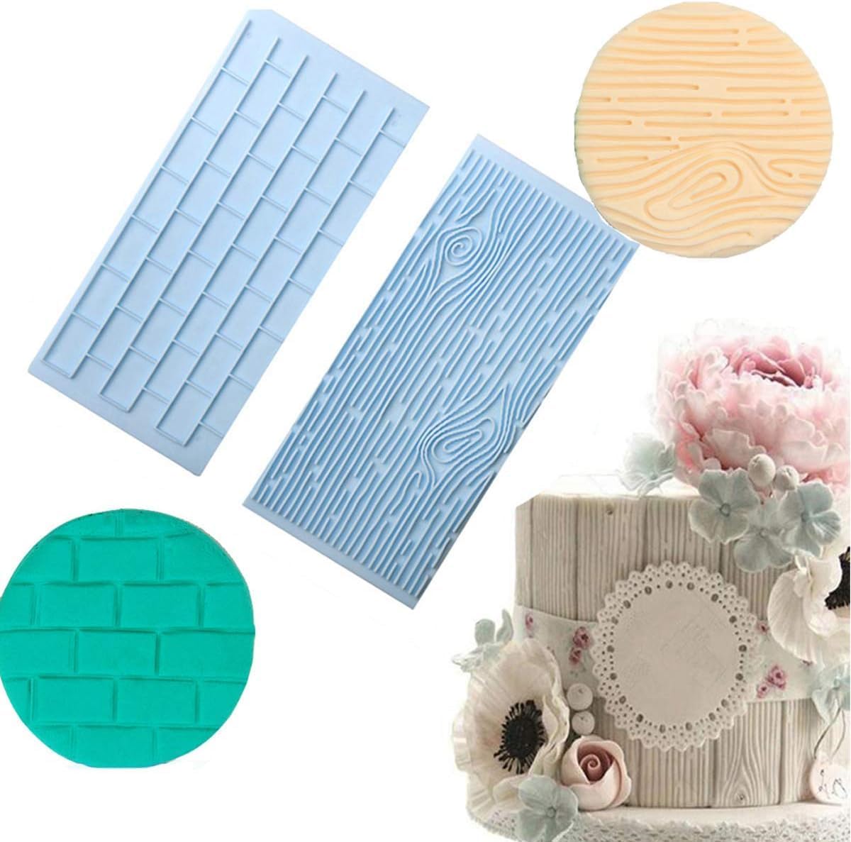 Anyana Juego de 12+6 moldes de glaseado en relieve de plástico gratis Kits de madera ladrillo adoquín acolchado cuadrícula diamante diseños