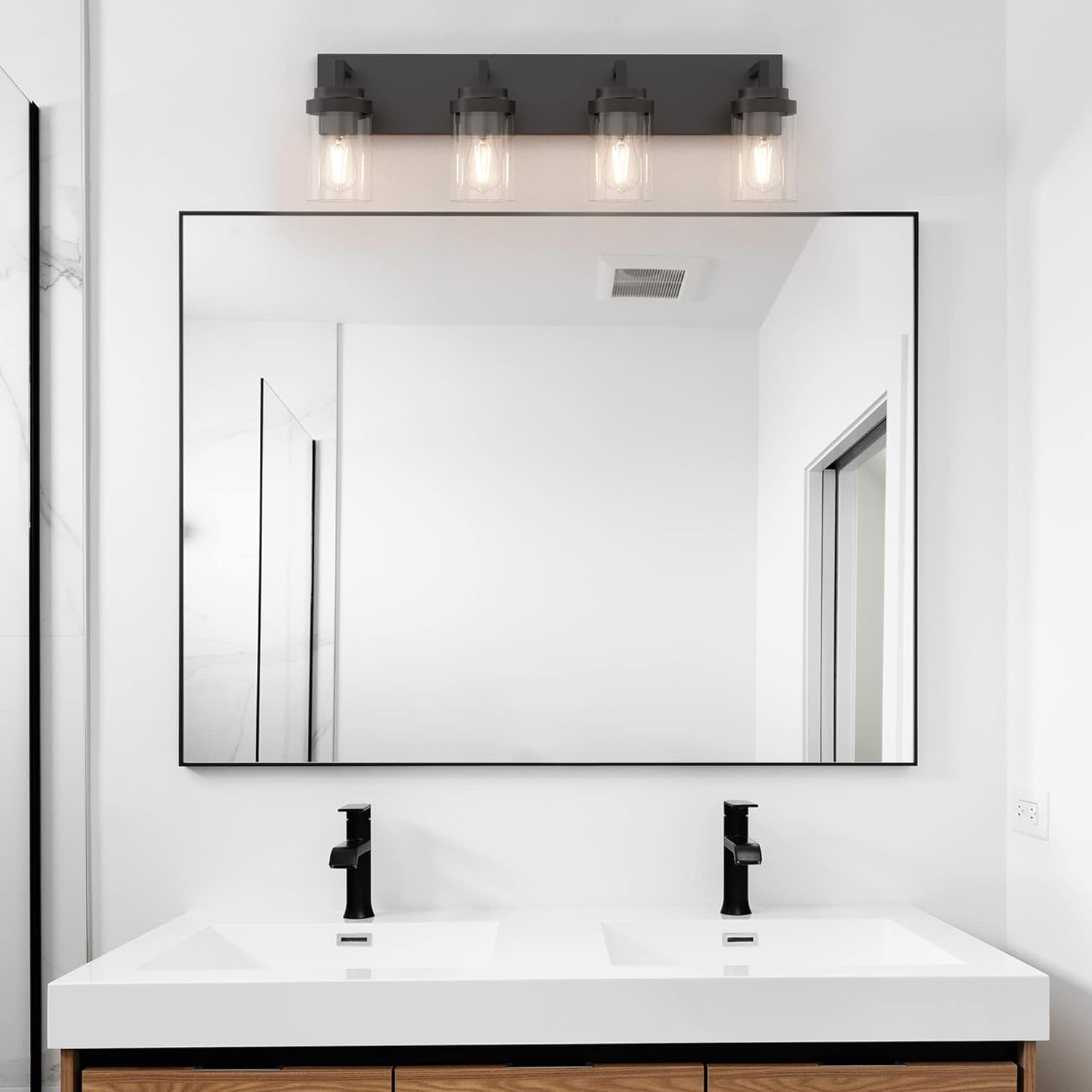 Espird Lámpara de tocador de baño, 4 luces, color negro mate, con pantalla de vidrio transparente, luz de tocador de granja de 30 pulgadas,