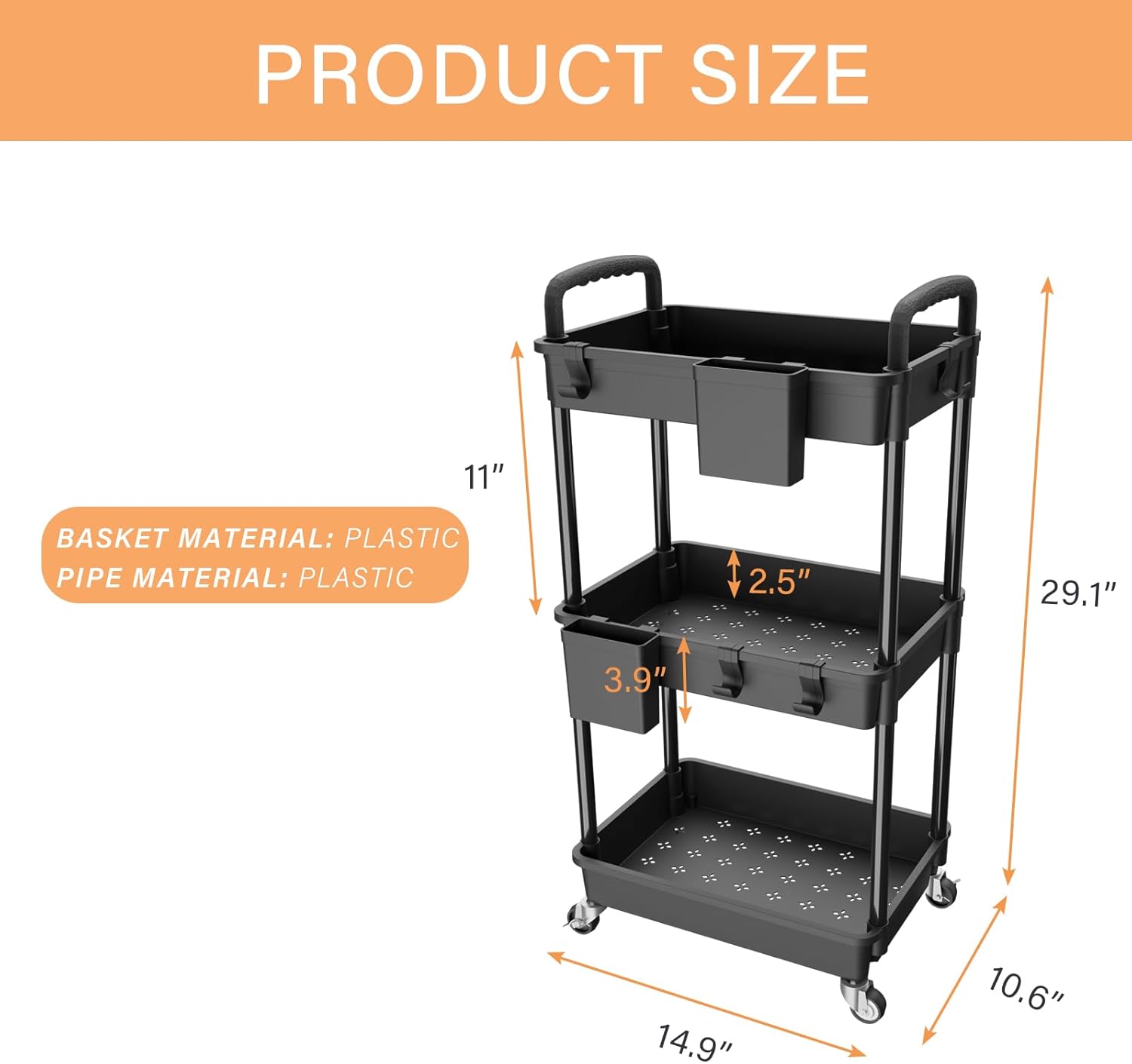 Carrito utilitario rodante de 3 niveles con asa, hecho de organizador de almacenamiento multifuncional, herramienta para cocina, baño, sala de