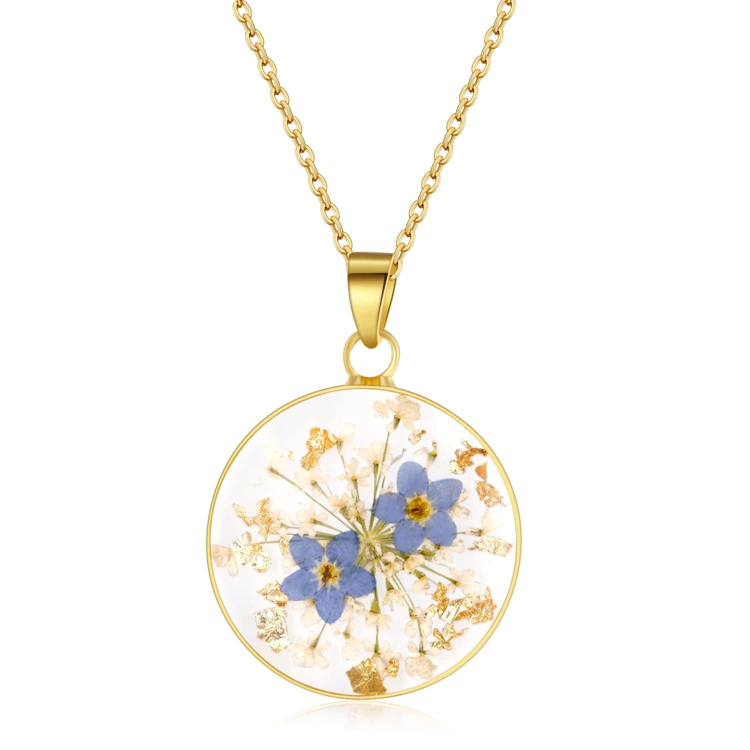 Forget-Me-Not and Queen Anne’s Lace Pressed Wildflower Necklace  Gold Pressed Flower Necklace  Personalized Handmade Necklaces for Women