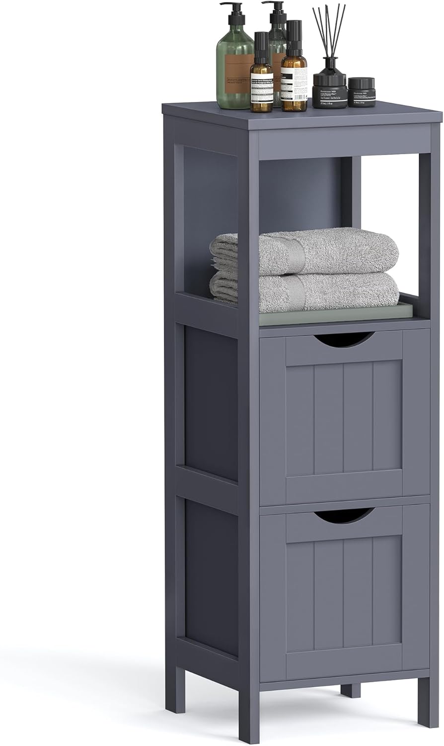 VASAGLE Gabinete de piso de baño, organizador de almacenamiento de baño, unidad de esquina multifuncional, 2 cajones, gris UBBC042G01