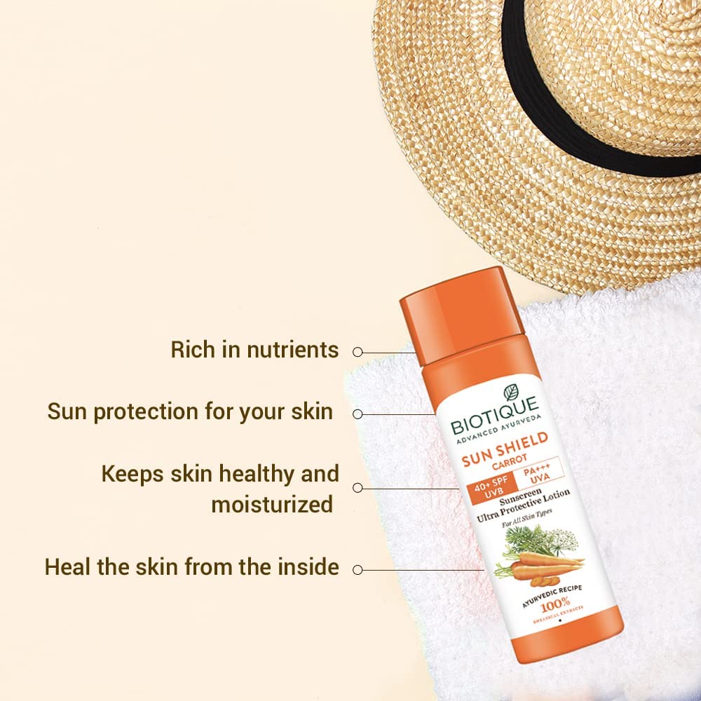 Biotique Loción solar facial y corporal SPF 40 – Zanahoria 4.1 fl oz