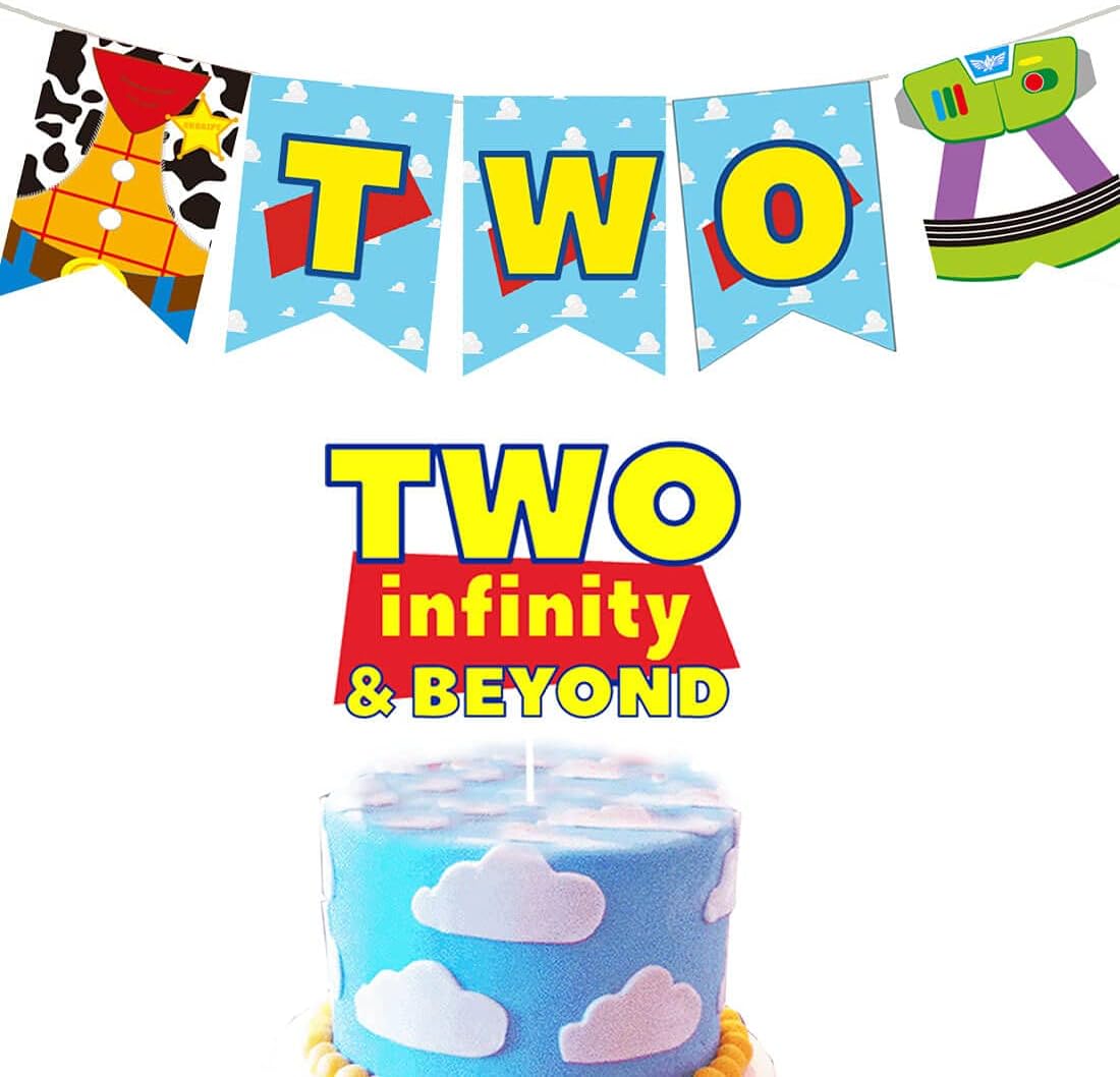 HEETON Banner de dos infinitos y más allá y decoración de pastel Buzz Año luz juguete inspirado historia 2do cumpleaños suministros decoraciones