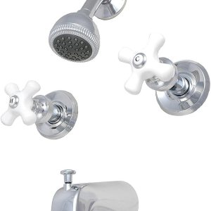 PlumbUSA – Kit de embellecedores para válvula de ducha sin arandelas de 2 mangos, cromada, con asas cruzadas de porcelana y cabezal de ducha de 2 12 PlumbUSA – Kit de embellecedores para válvula de ducha sin arandelas de 2 mangos, cromada, con asas cruzadas de porcelana y cabezal de ducha de 2 12