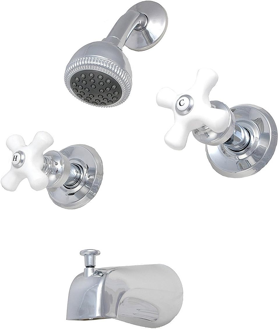 PlumbUSA – Kit de embellecedores para válvula de ducha sin arandelas de 2 mangos, cromada, con asas cruzadas de porcelana y cabezal de ducha de 2 12