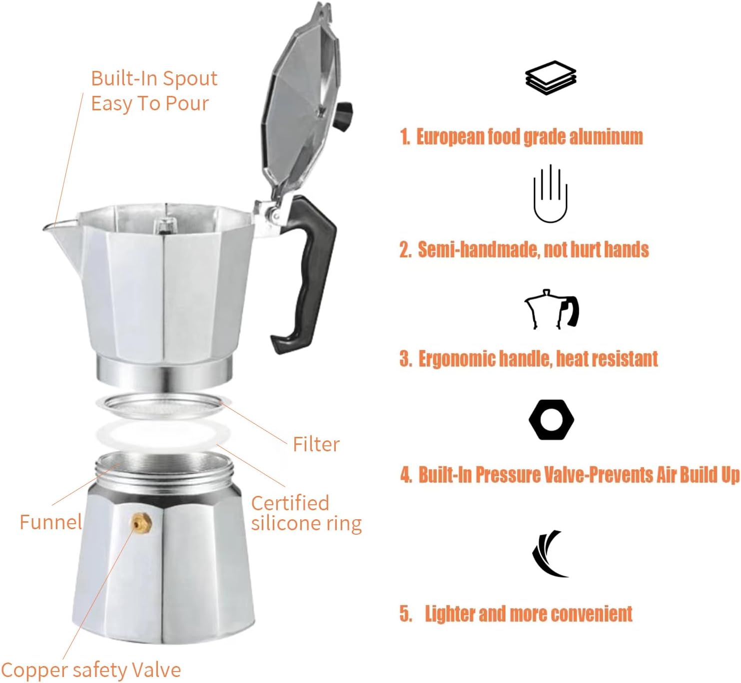 Classic Moka Pot 6 tazas 9 onzas, cafetera espresso de aluminio plateado, cafetera cubana, greca, hace un delicioso café fácilmente en casa