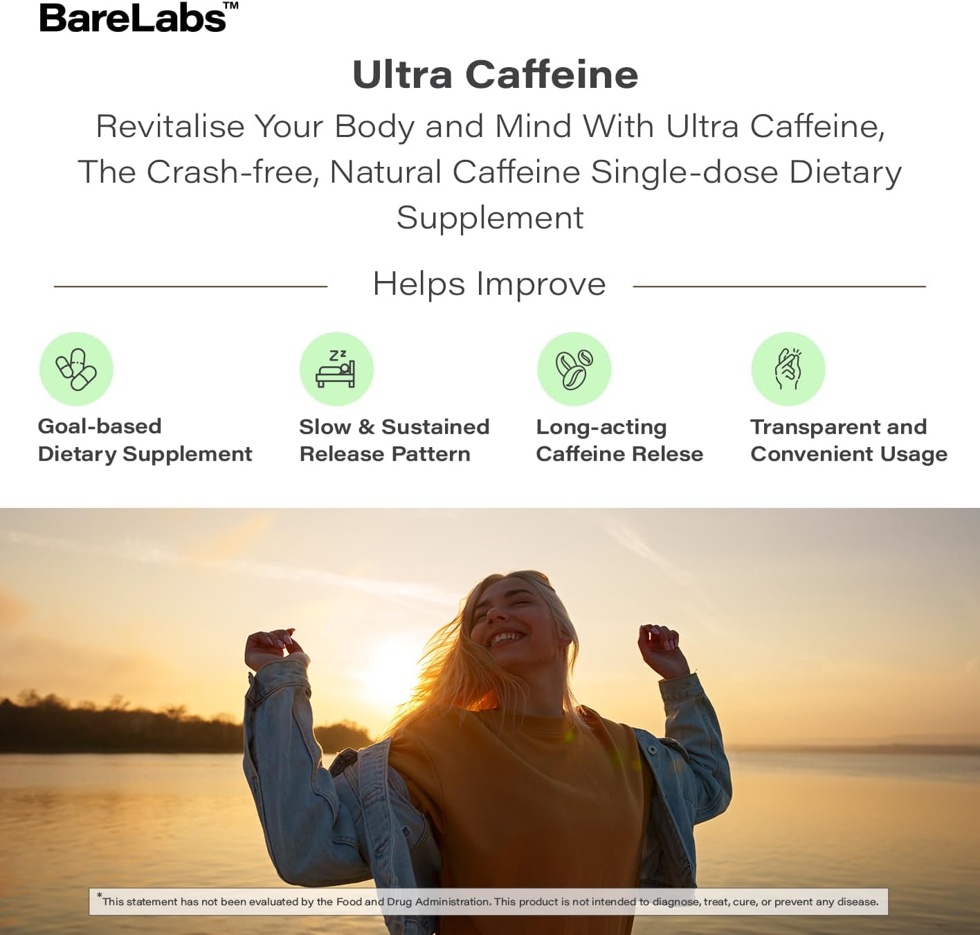 BareLabs Píldoras de cafeína natural de 200 mg de cafeína de liberación prolongada  Suplemento nootrópico de enfoque y energía  120 cápsulas  Lento,