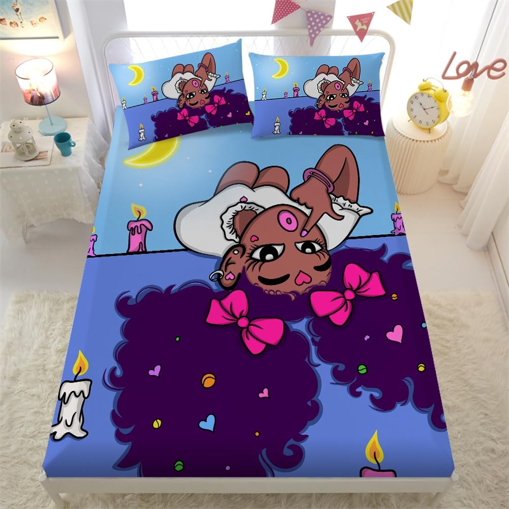 Gusuhome Juego de ropa de cama mágica de niña negra afroamericana, tamaño Queen, linda luna princesa, juego de sábanas ajustables para niños, tiara