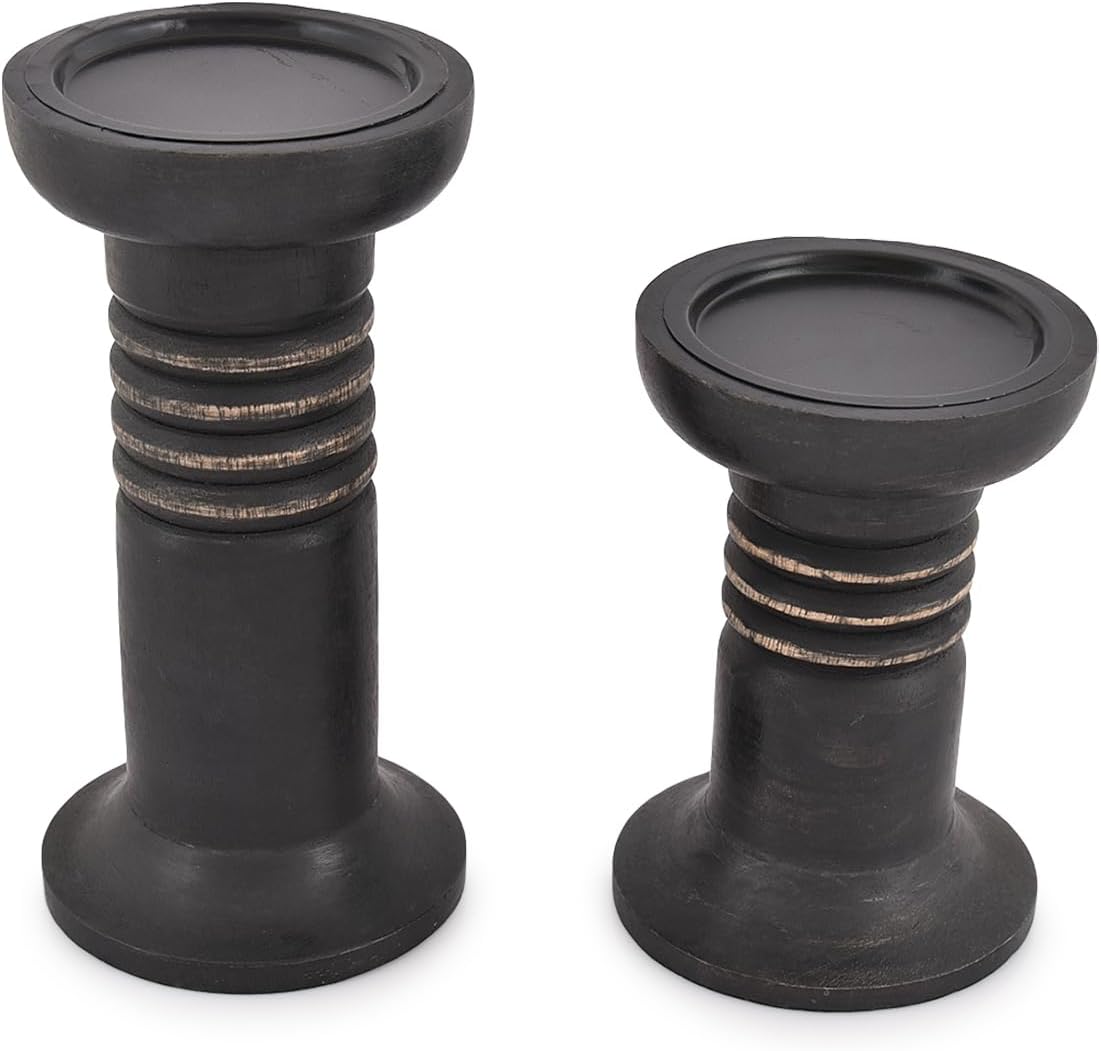 Juego de portavelas negro de madera de mango, centro de mesa decorativo para decoración de chimenea, juego de portavelas negro (negro) (4 x 4 x 6