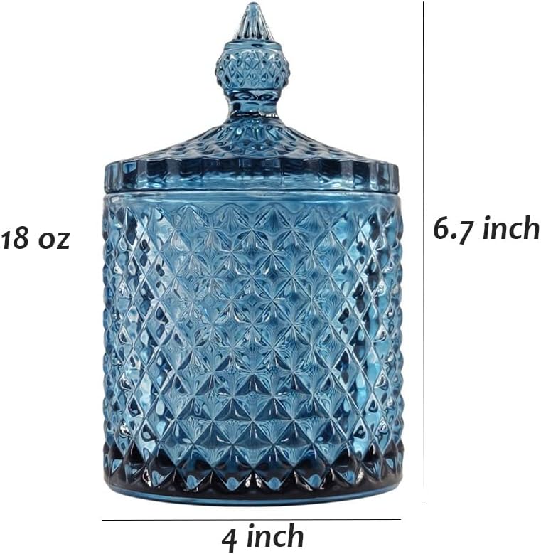 Sizikato Tarro de cristal facetado de diamante con tapa, tarro decorativo azul de 18 onzas, tarro de nuez, frasco de almacenamiento de frutas secas.