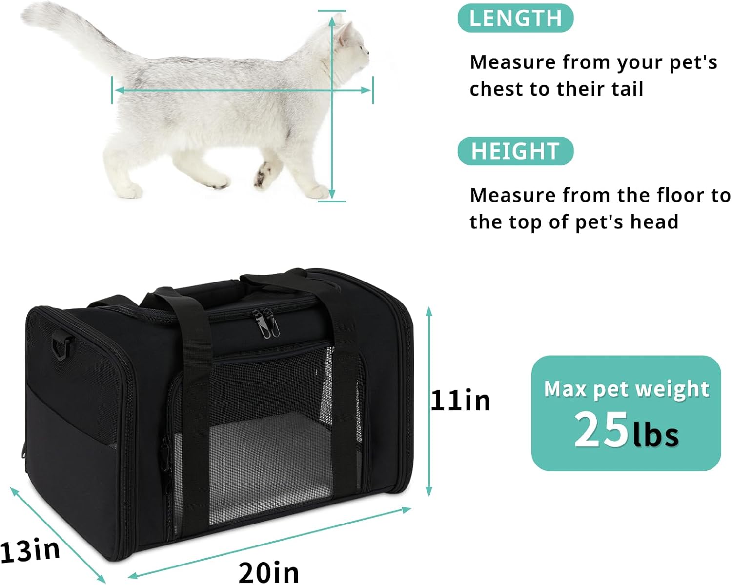 Transportador para gatos, transportador de mascotas para gatos medianos y grandes, aprobado por la TSA con 2 cremalleras de prevención de escape
