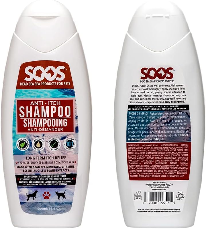 Soos Champú para perros para gatos y mascotas, antipicazón, minerales del Mar Muerto, piel limpia de rápida absorción con vitaminas, aceites