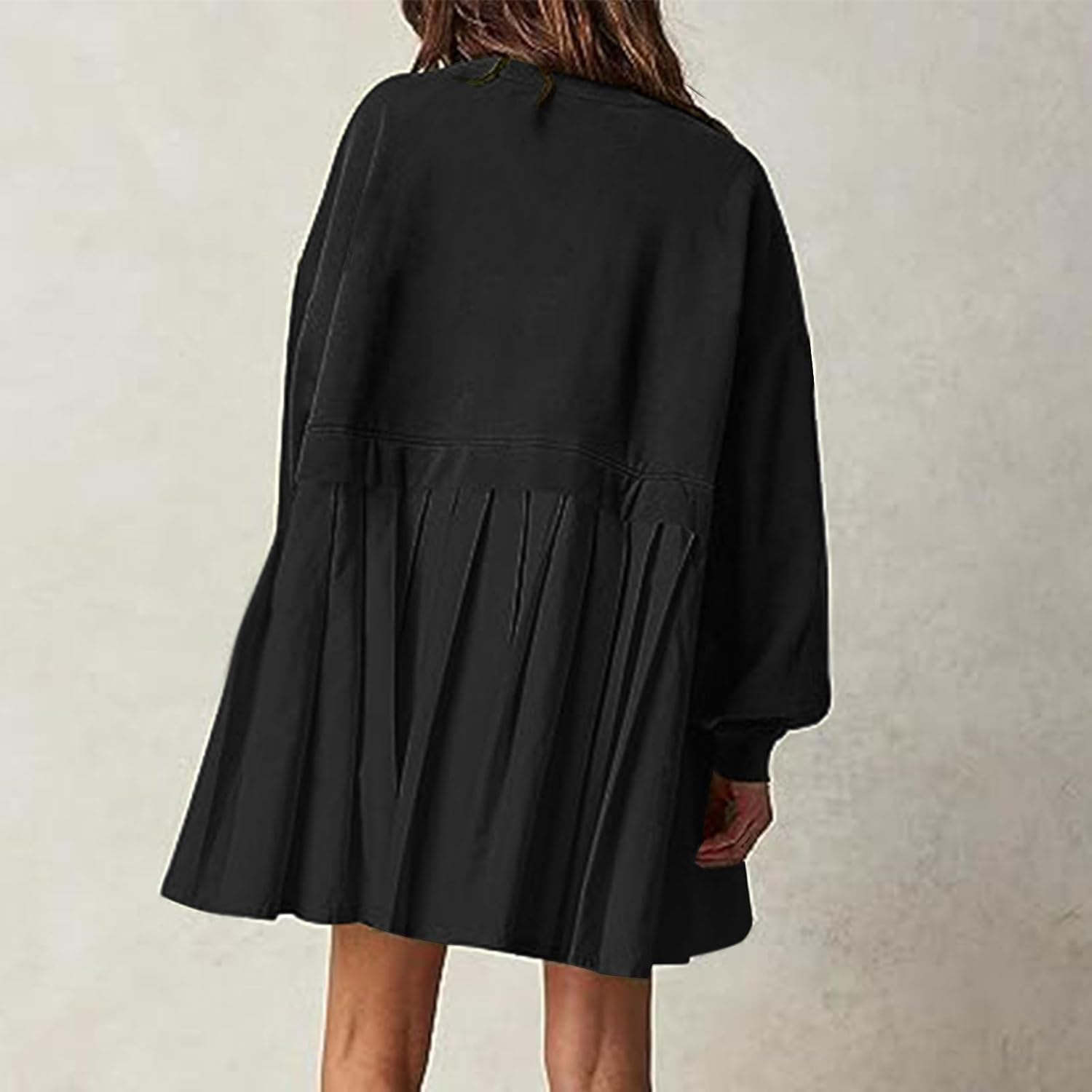Vestido tipo sudadera de gran tamaño para mujer, casual, manga larga, cuello redondo, sin botones, suelto, corto, plisado, mini vestido