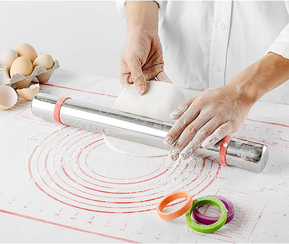 A-XINTONG – Juego de rodillos de acero inoxidable con alfombrilla de silicona para repostería, rodillos con 4 anillos de grosor ajustable para