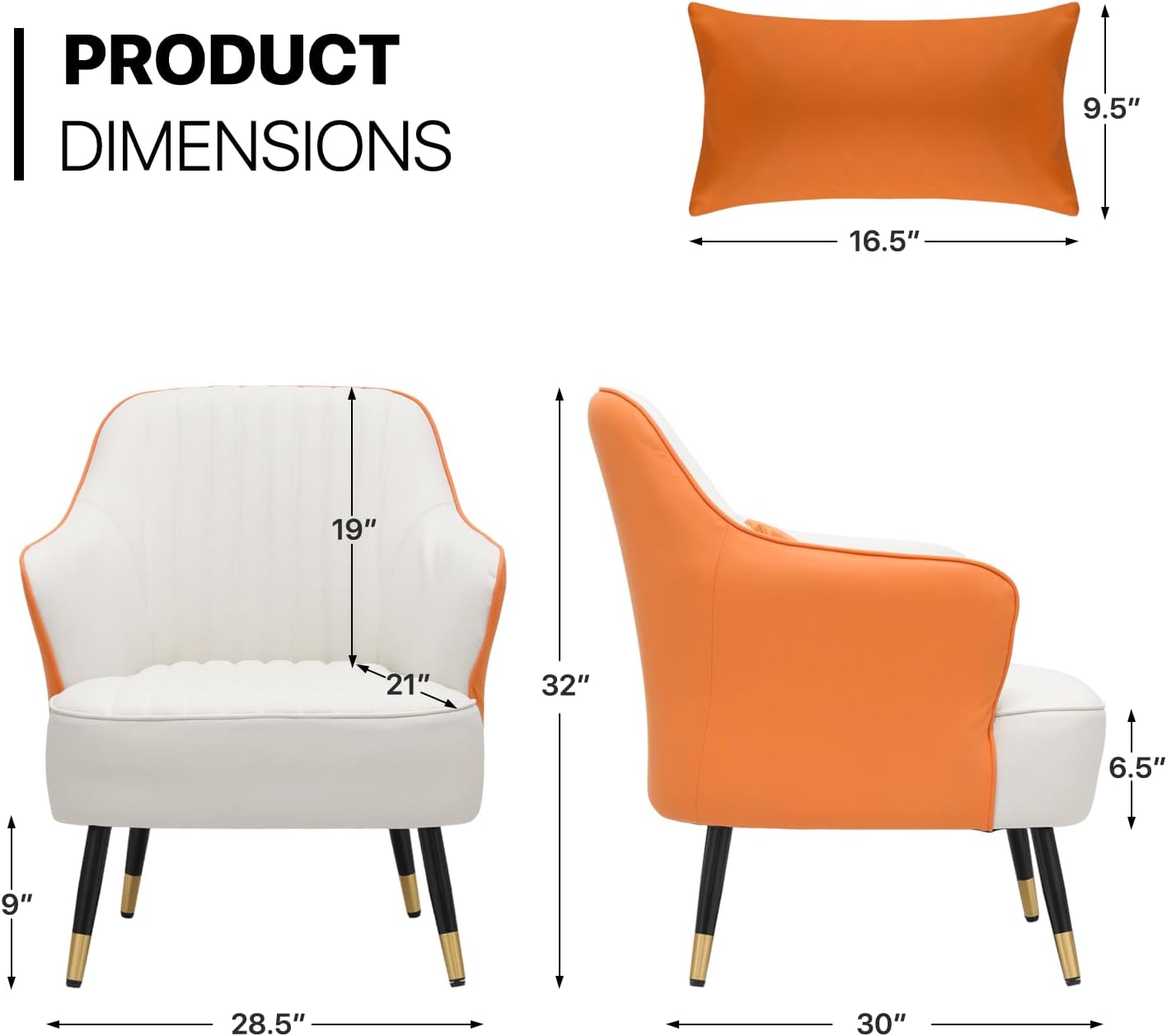 MoNiBloom Mid-Century – Silla moderna y cómoda con brazo para dormitorio y sala de estar, silla tapizada de cuero blanconaranja con almohada lumbar