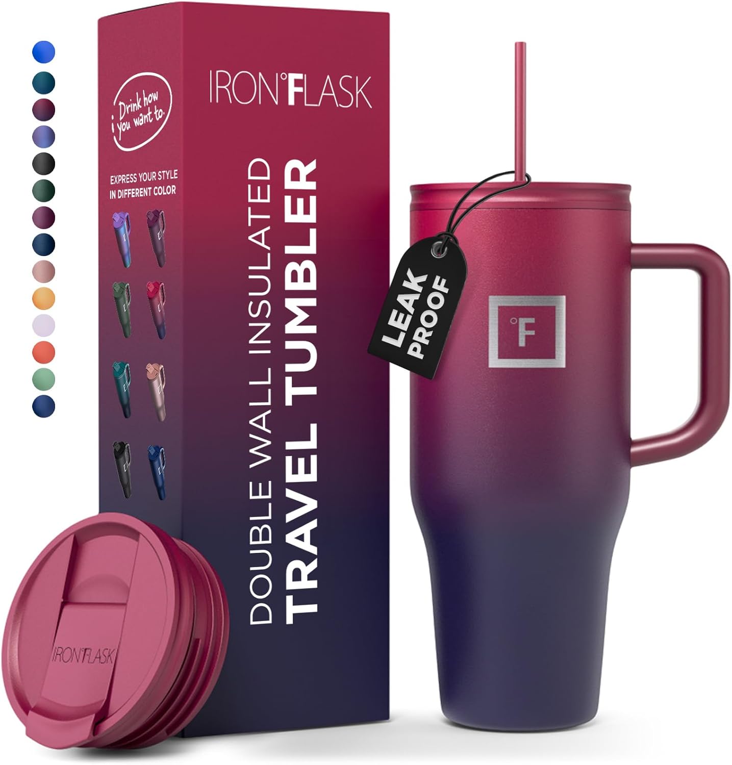 IRON FLASK Co-Pilot – Vaso aislado con popote y tapas abatibles, botella portavasos, para bebidas calientes y frías, a prueba de fugas, agua, taza